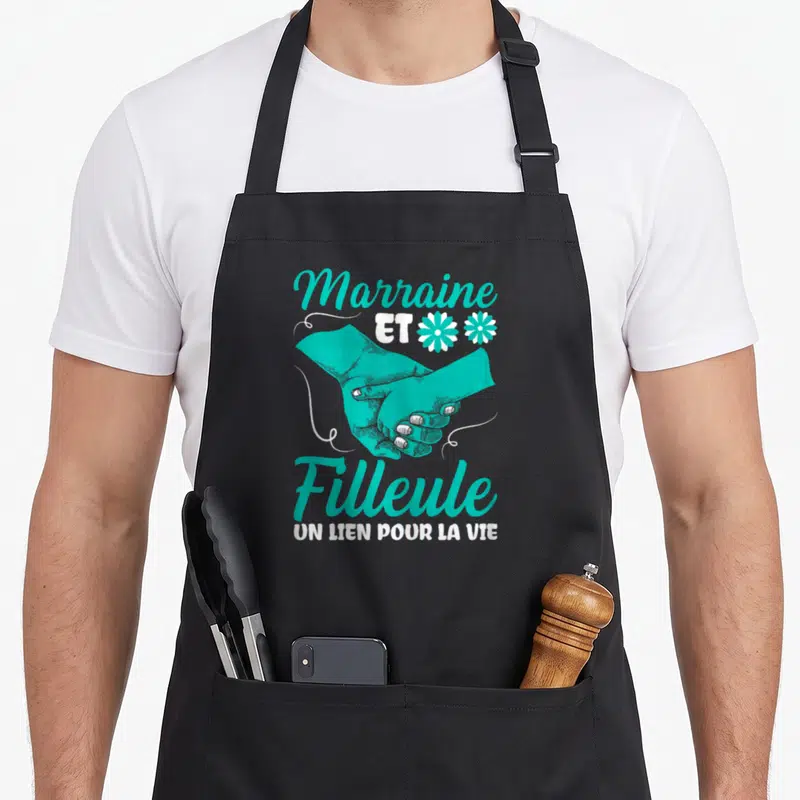 Tablier de cuisine noir avec deux mains jointes turquoise et texte Marraine et Filleule un lien pour la vie