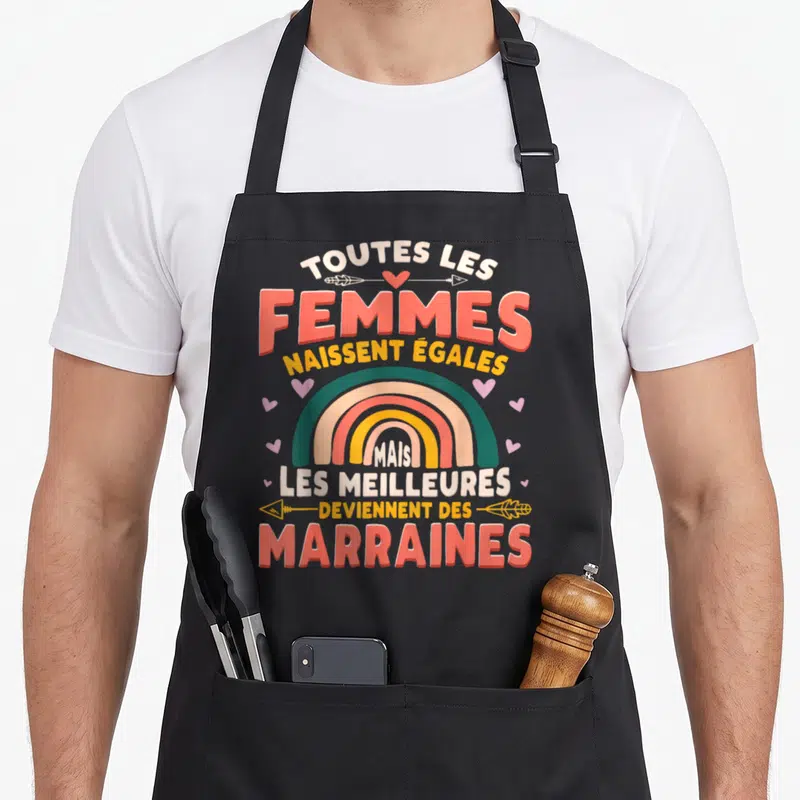 Tablier de cuisine noir avec inscription toutes les femmes naissent égales mais les meilleures deviennent des marraines et arc-en-ciel