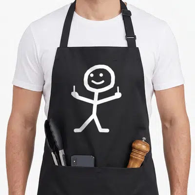 Tablier de cuisine noir avec bonbonhomme blanc souriant levant les deux en gesture d'insolence.