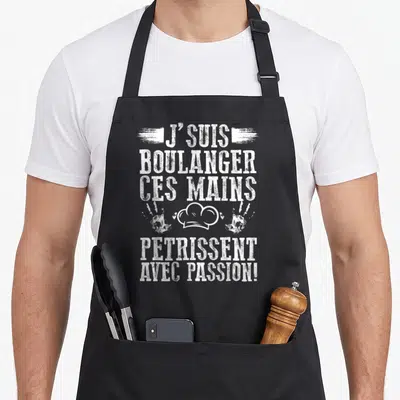 Tablier de cuisine noir avec inscription blanche J'Suis boulanger ces mains pétrissent avec passion, toque et traces de main.