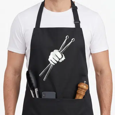 Tablier de cuisine noir avec illustration blanche d'une main fermée tenant deux baguettes de batterie croisées.