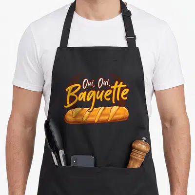 Tablier de cuisine noir avec une illustration colorée d'une baguette française et le texte « Oui, Oui, Baguette » en typographie stylisée.