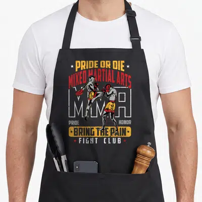 Tablier de cuisine noir avec illustration de deux combattants MMA et le texte Bring the Pain Fight Club en orange et rouge.