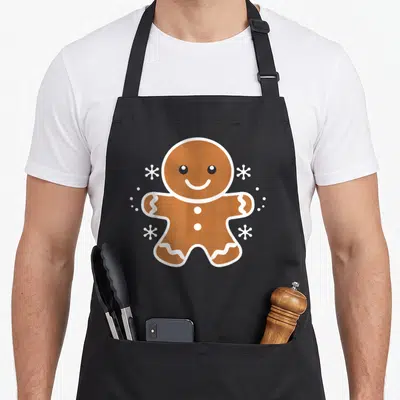 Tablier de cuisine noir avec un bonhomme pain d'épice marron aux décorations blanches et flocons de neige minimalistes.