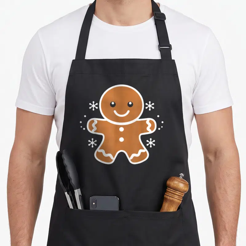Tablier de cuisine noir avec un bonhomme pain d'épice marron aux décorations blanches et flocons de neige minimalistes.