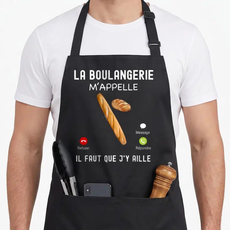 Tablier de cuisine noir avec illustration de téléphone affichant une baguette et des boutons Refuser ou Répondre.
