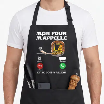Tablier de cuisine noir avec illustration four artisan et texte Mon Four M'Appelle Et Je Dois Y Aller