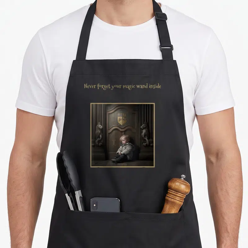 Tablier de cuisine noir avec illustration d'un enfant assis devant une porte en bois ornée d'un blason et de lions sculptés.