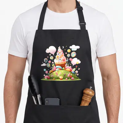 Tablier de cuisine noir avec illustration d'un cupcake sur une colline de bonbons colorés et de nuages roses.