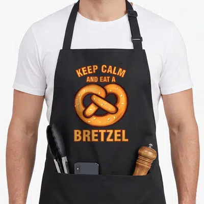 Tablier de cuisine noir avec un grand bretzel doré et le texte Keep Calm and Eat a Bretzel en orange.