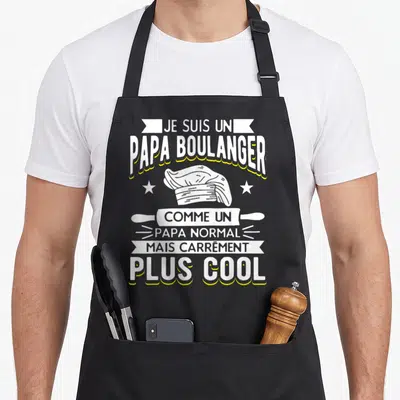 Tablier de cuisine noir avec inscription Papa boulanger plus cool, toque blanche et rouleau à pâte en illustration centrale.