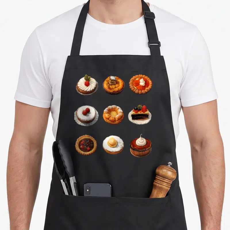 Tablier de cuisine noir orné de neuf illustrations de tartes, gâteaux et desserts aux fruits et à la crème.