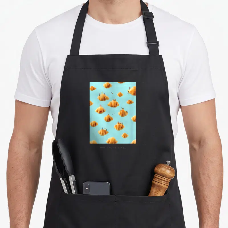 Tablier de cuisine noir avec des croissants dorés flottant comme des nuages sur un fond bleu clair.