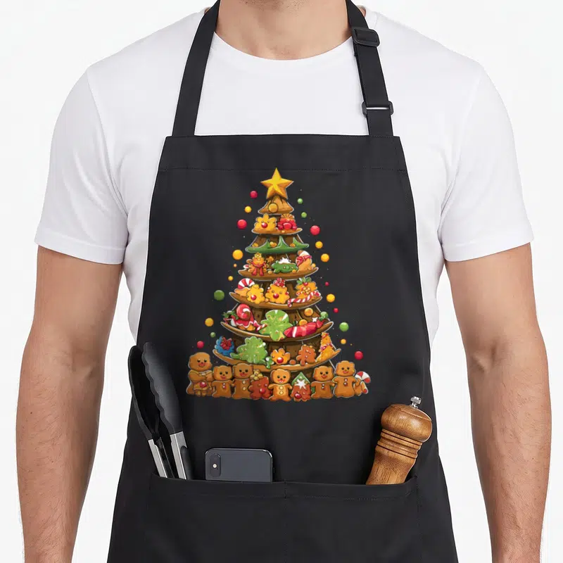 Tablier de cuisine noir avec un arbre de Noël formé de biscuits en pain d'épices et de bonbons colorés.