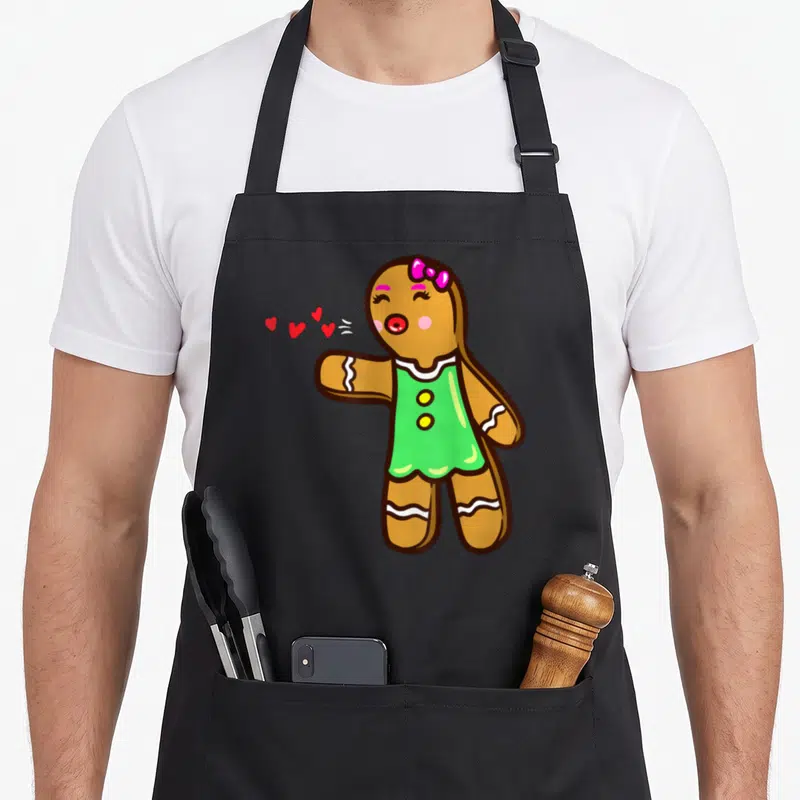 Tablier de cuisine noir avec un biscuit en pain d'épice féminin aux cheveux longs, portant un nœud rose et une robe verte.