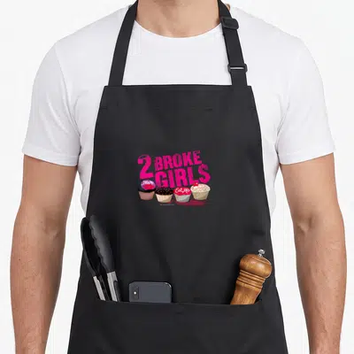 Tablier de cuisine noir avec le logo 2 Broke Girls et quatre cupcakes colorés portant les mentions Bite Me et Eat Me