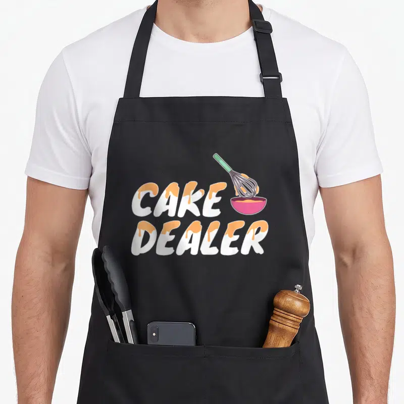 Tablier de cuisine noir avec l'inscription Cake Dealer en lettres blanches et orange, un fouet et un bol rose.