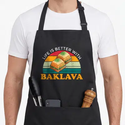 Tablier de cuisine noir avec illustration rétro de deux morceaux de baklava et texte Life is better with Baklava.