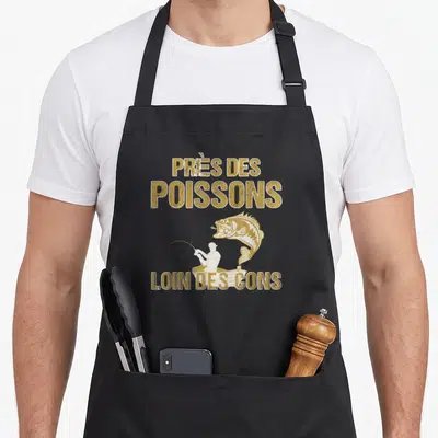 Tablier de cuisine noir avec une silhouette de pêcheur et un poisson bondissant en lettres dorées.