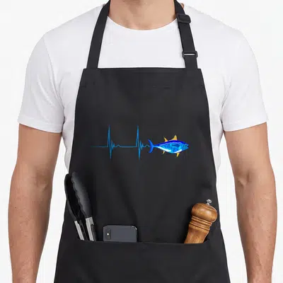 Tablier de cuisine noir avec illustration d'un thon bleu et une ligne de vie bleue.