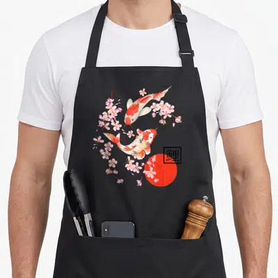 Tablier de cuisine noir avec deux carpes koi roses et blanches entourées de fleurs de sakura et d'un cercle rouge.