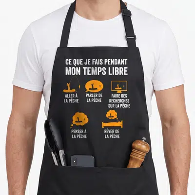 Tablier de cuisine noir avec texte blanc et illustrations orange représentant les activités d'un passionné de pêche au quotidien.
