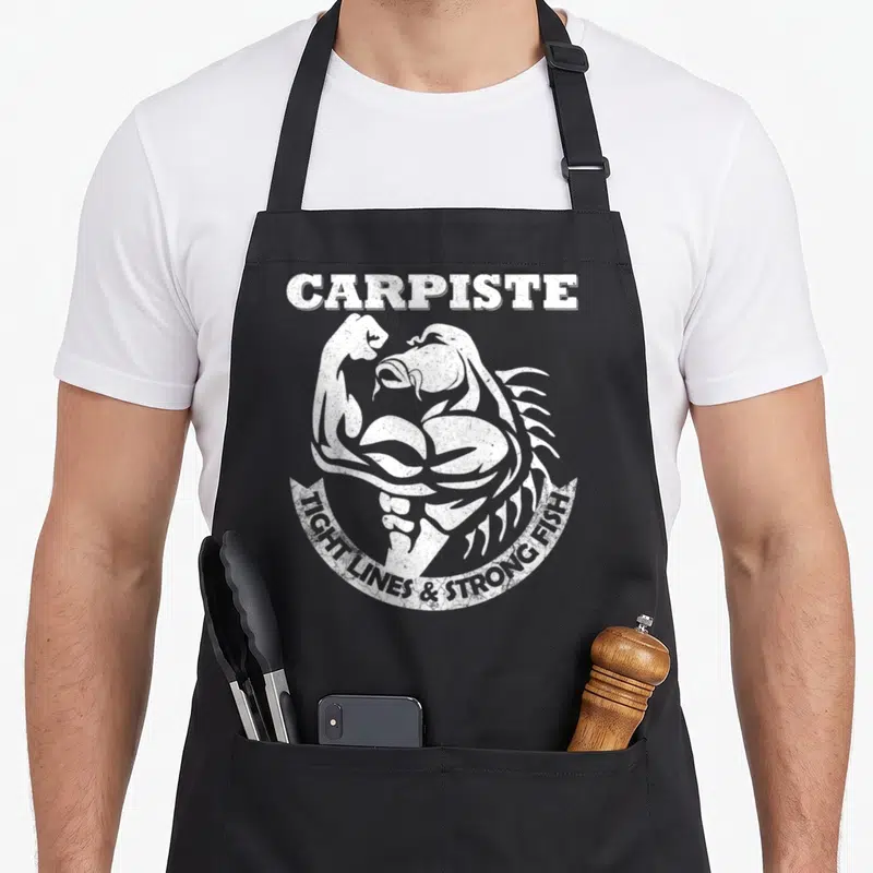 Tablier de cuisine noir avec une carpe musclée et le texte CARPISTE en blanc.