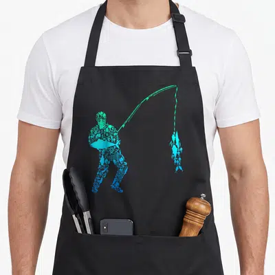Tablier de cuisine noir avec silhouette de pêcheur formée de motifs aquatiques bleus et verts, tenant une canne et un poisson.
