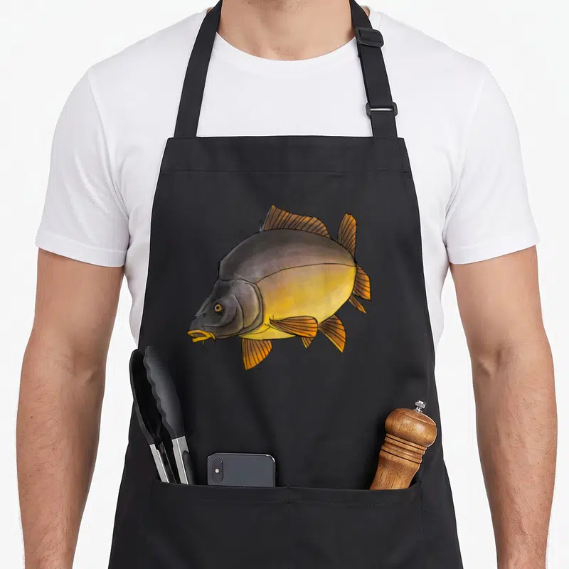 Tablier de cuisine noir avec illustration colorée d'une carpe aux nageoires orange et corps gris doré.