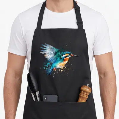 Tablier de cuisine noir avec illustration colorée d'un martin-pêcheur en plein vol style aquarelle et éclaboussures.