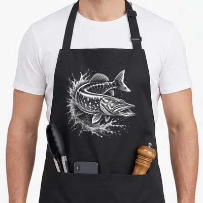Tablier de cuisine noir avec illustration blanche d'un brochet sautant hors de l'eau dans un style gravure détaillée.