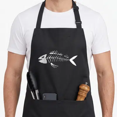 Tablier de cuisine noir avec illustration d'une arête de poisson squelette blanche stylisée au centre.