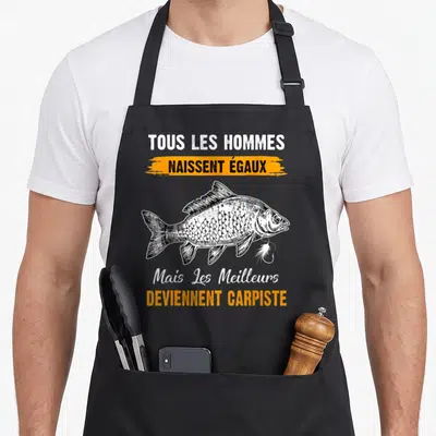 Tablier de cuisine noir avec une carpe gravée et le texte Tous les hommes naissent égaux mais les meilleurs deviennent carpiste.