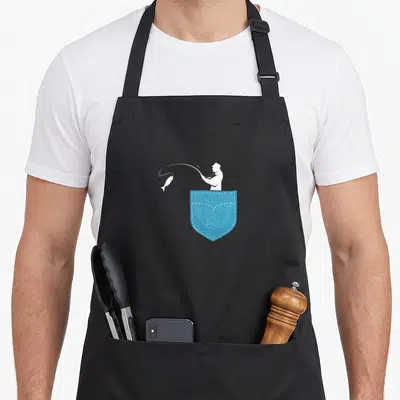 Tablier de cuisine noir avec illustration d'un pêcheur blanc sortant d'une poche bleue pour pêcher un petit poisson.