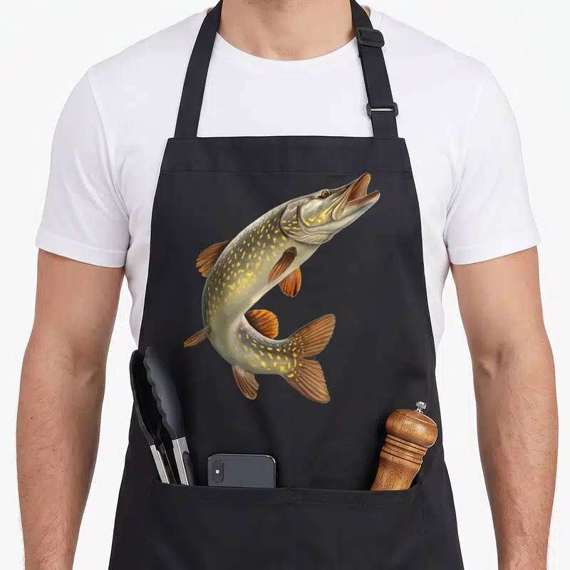 Tablier de cuisine noir avec illustration détaillée d'un brochet sautant aux nageoires orangées et corps tacheté de jaune.