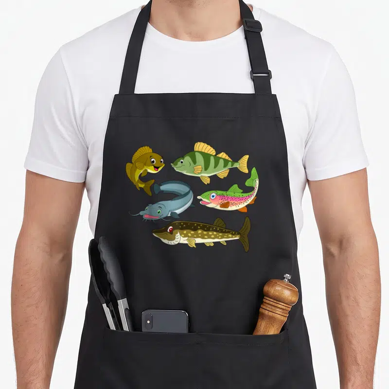 Tablier de cuisine noir avec cinq poissons cartoon colorés dont une truite rose et un sandre vert à taches jaunes.