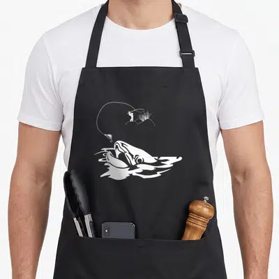 Tablier de cuisine noir avec illustration blanche d'un pêcheur et un poisson bondissant sous une mouche en l'air.