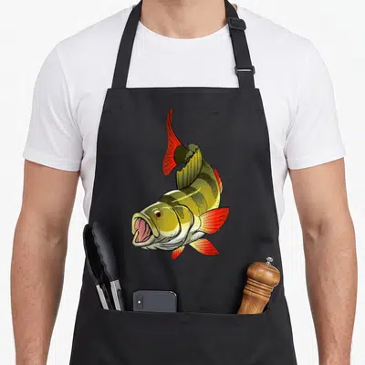 Tablier de cuisine noir avec une perche Monster Fish aux nageoires rouges et bouche ouverte, style dessin animé dynamique.