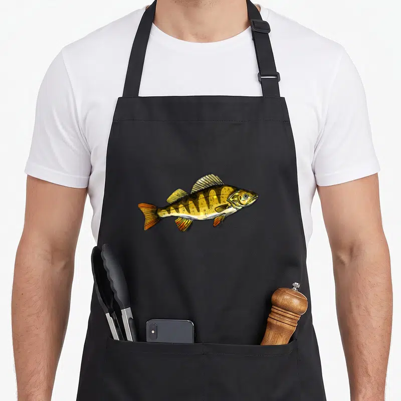 Tablier de cuisine noir avec une illustration colorée d'une perche dorée aux nuances jaunes et oranges.