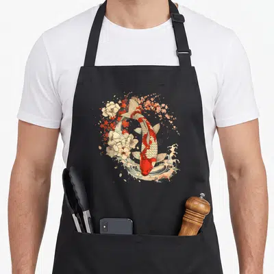 Tablier de cuisine noir avec une carpe koi rouge et blanche entourée de fleurs de sakura et d'écumes de vagues stylisées.