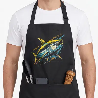 Tablier de cuisine noir avec une illustration colorée d'un thon sautant aux nageoires jaunes et bleues.