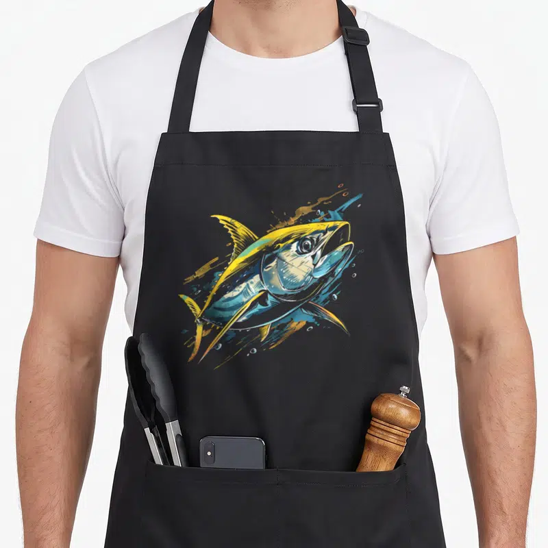 Tablier de cuisine noir avec une illustration colorée d'un thon sautant aux nageoires jaunes et bleues.