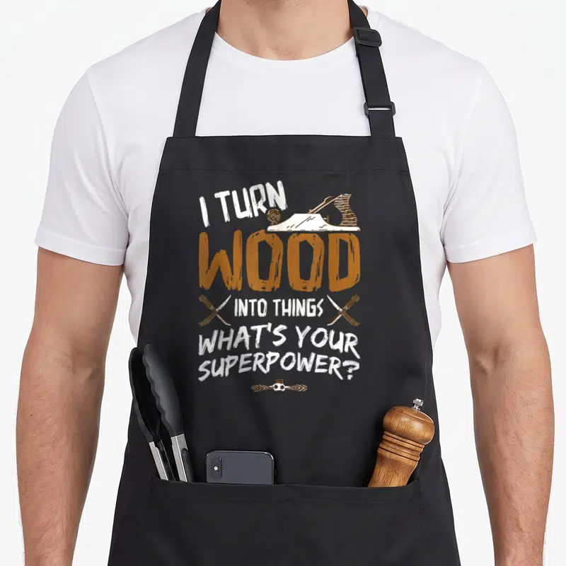 Tablier de cuisine noir avec inscription I Turn Wood Into Things et illustration d'outils de menuisier en blanc et orange.