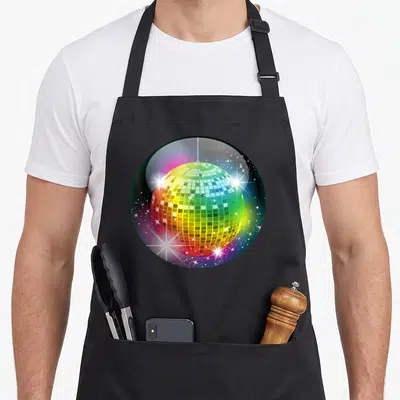 Tablier de cuisine noir avec une illustration circulaire représentant une boule disco aux couleurs vives et des éclats lumineux scintillants.