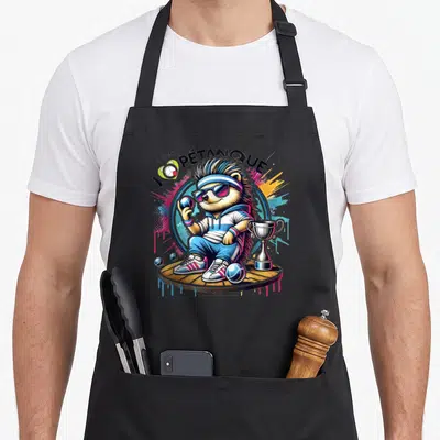 Tablier de cuisine noir avec un hérisson portant des lunettes de soleil tenant une boule de pétanque et un trophée.