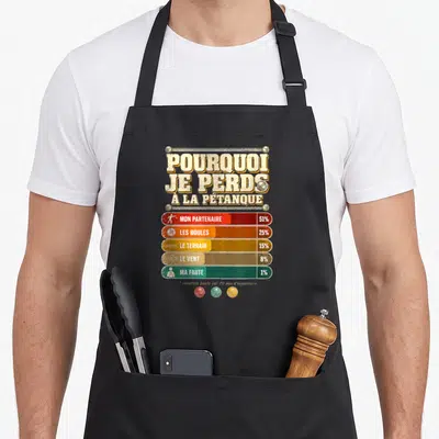 Tablier de cuisine noir avec graphique vintage Pourquoi je perds à la pétanque et statistiques amusantes sur les boules.