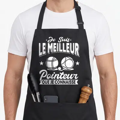 Tablier de cuisine noir avec inscription blanche Je Suis Le Meilleur Pointeur et deux illustrations de boules de boccia.