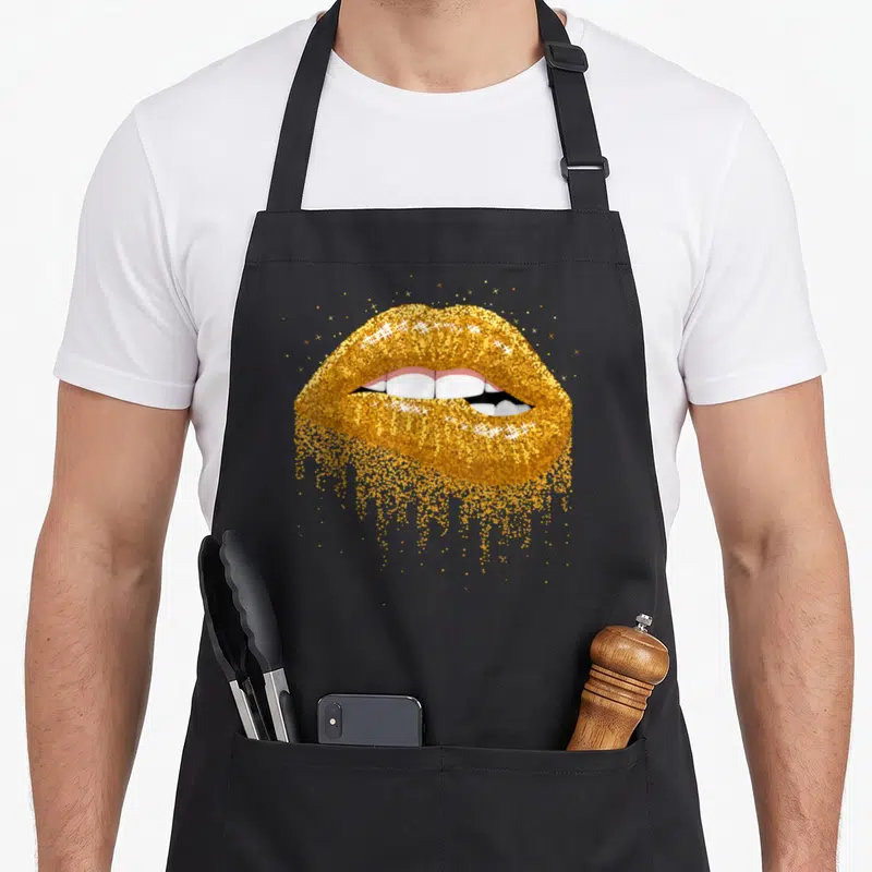 Tablier de cuisine noir avec une grande illustration de lèvres recouvertes de paillettes dorées scintillantes et de étoiles brillantes.