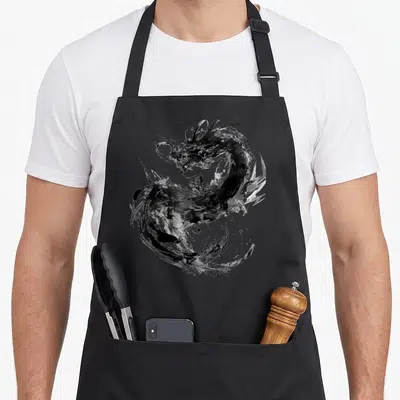 Tablier de cuisine noir avec un dragon dessiné en art abstrait aux traits de peinture noire et blanche.