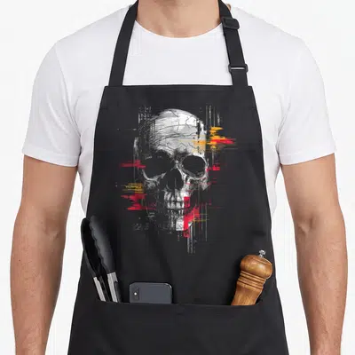 Tablier de cuisine noir avec illustration graphique de crâne aux touches de rouge et jaune.